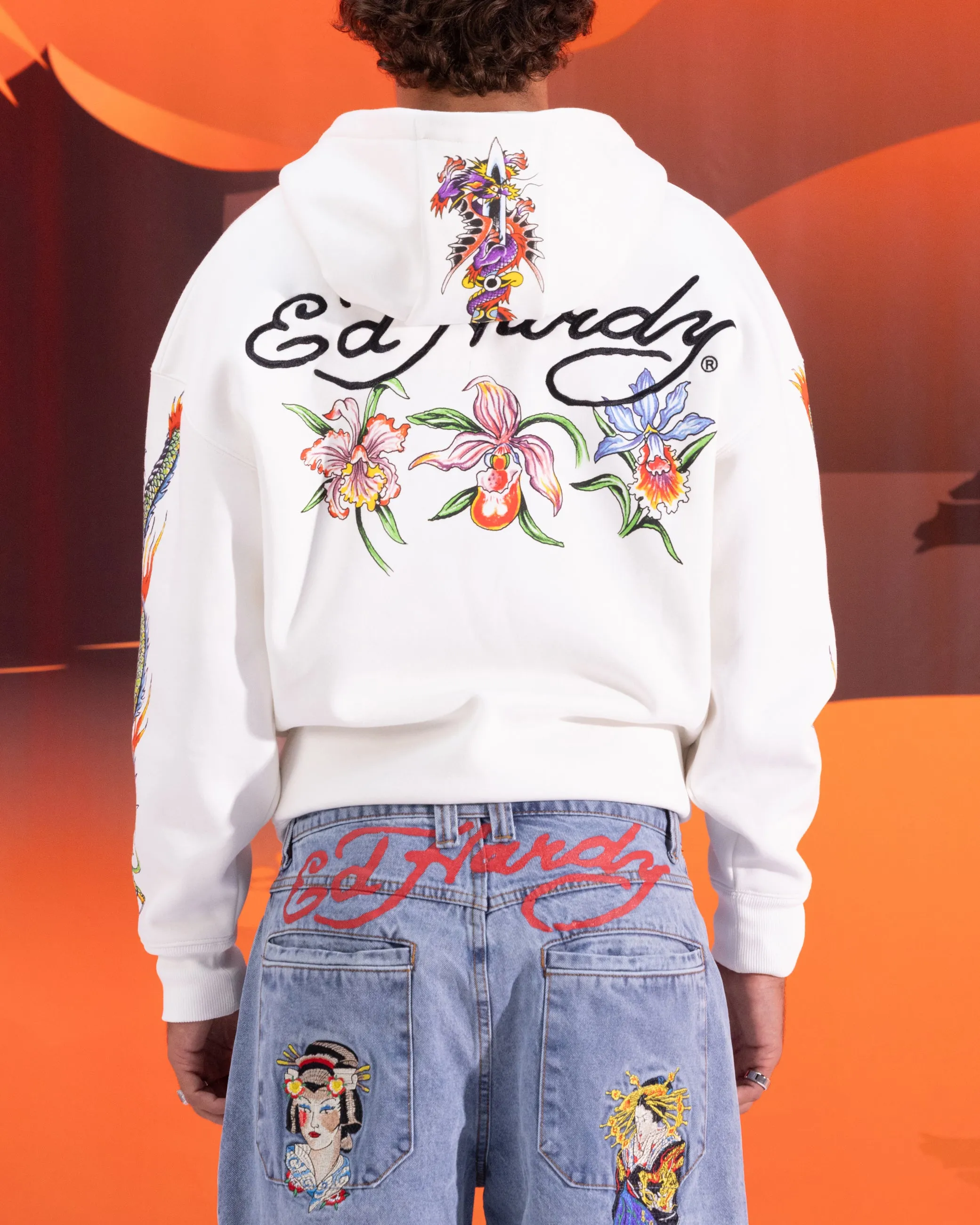 Ed Hardy Blumen-Reißverschluss-Hoodie Off White