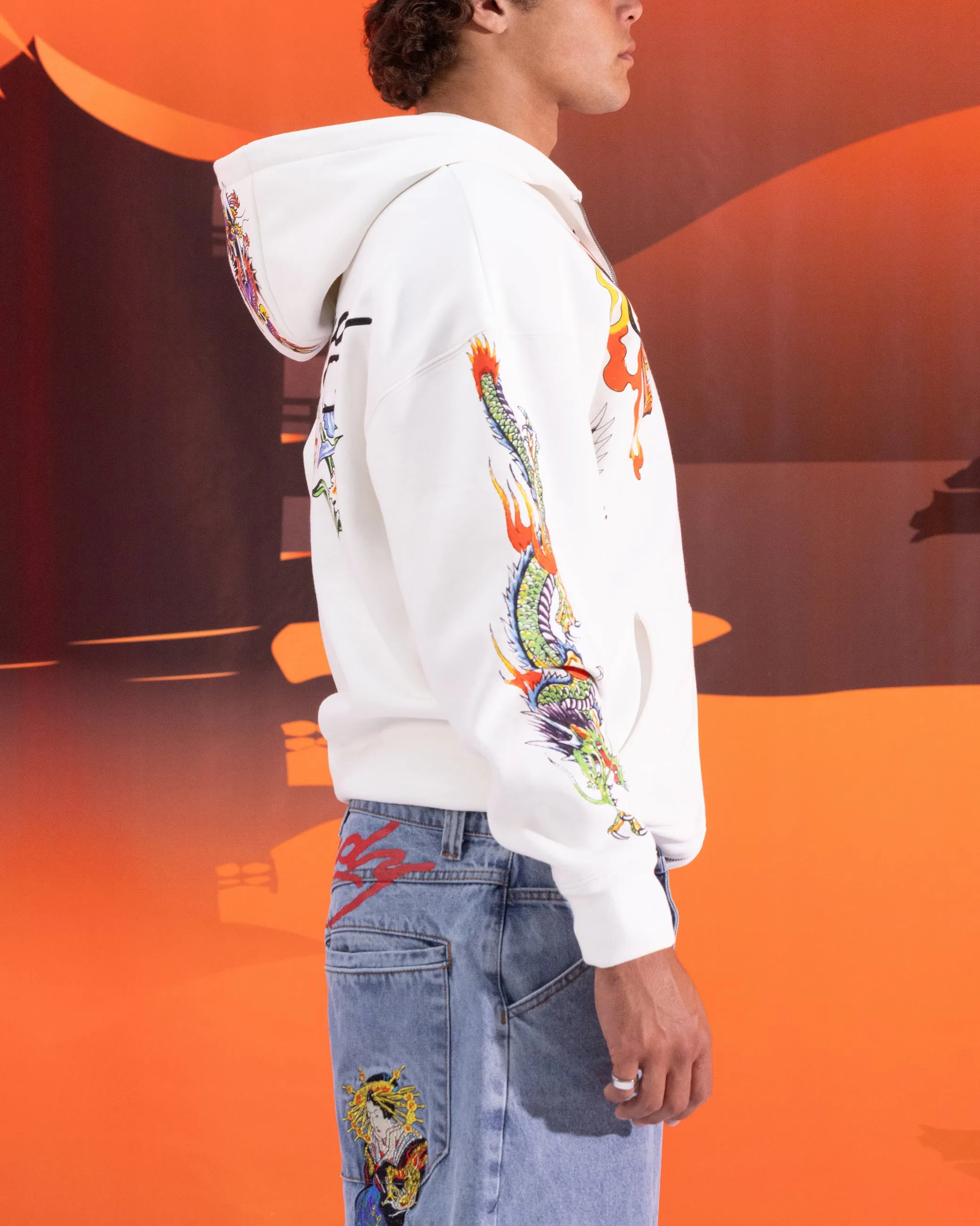 Ed Hardy Blumen-Reißverschluss-Hoodie Off White