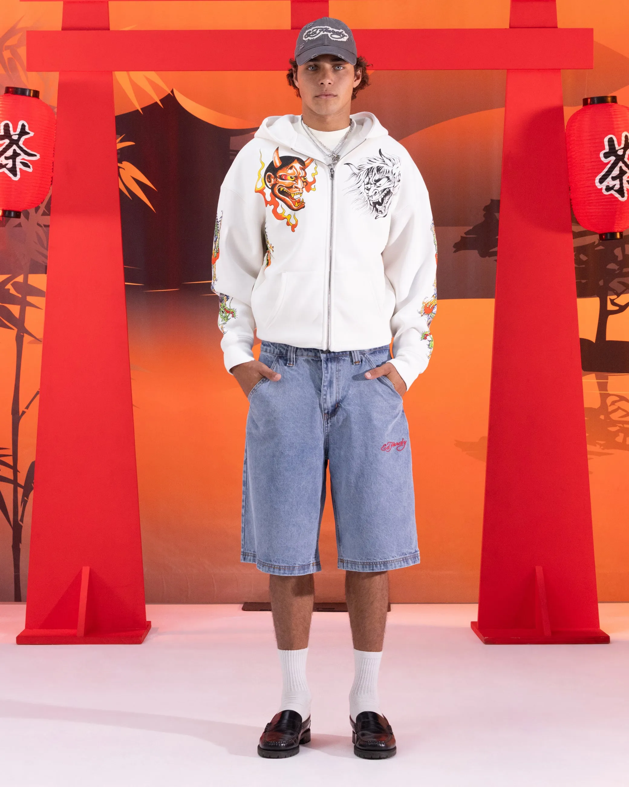 Ed Hardy Blumen-Reißverschluss-Hoodie Off White