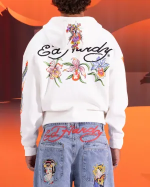 Ed Hardy Blumen-Reißverschluss-Hoodie Off White