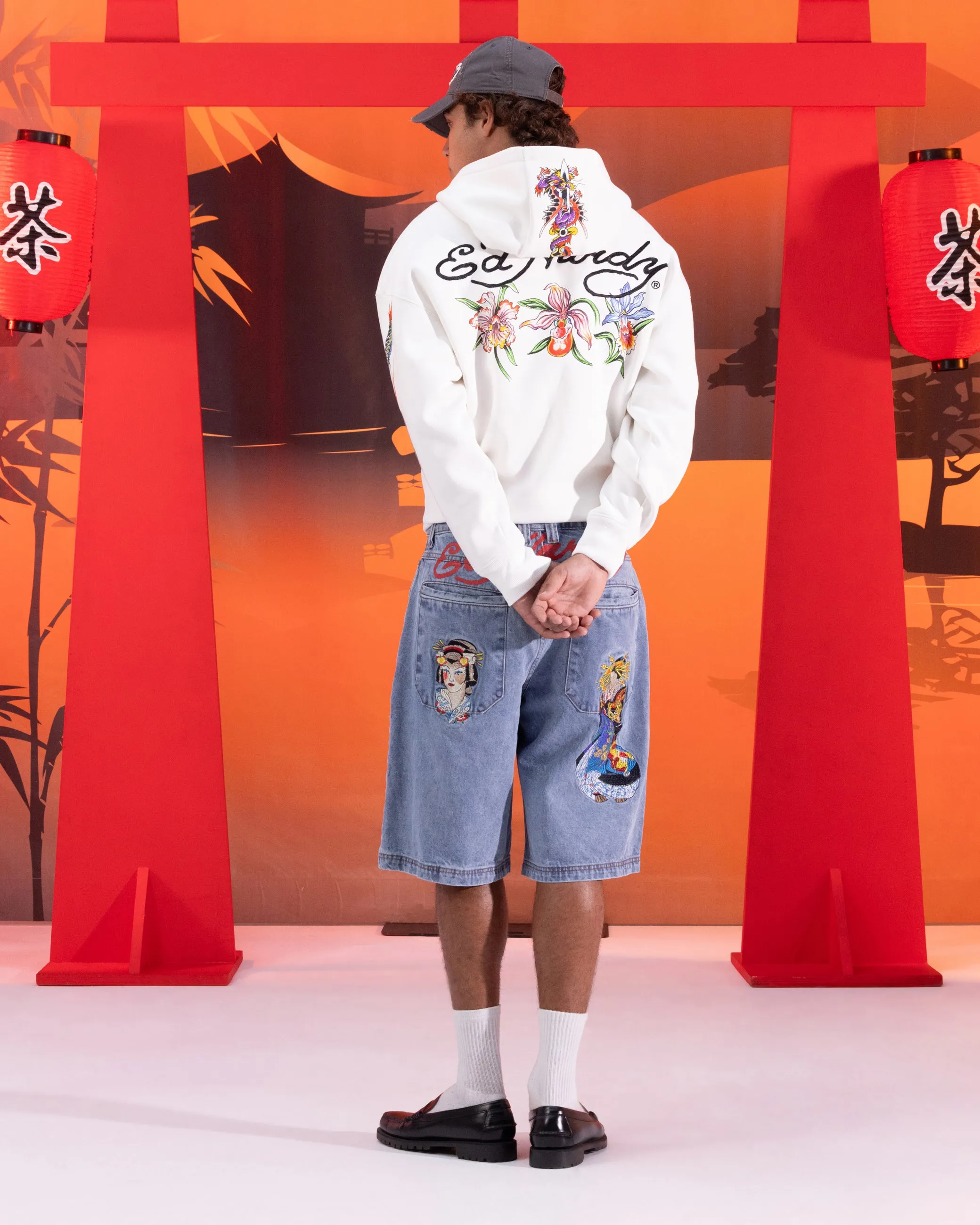 Ed Hardy Blumen-Reißverschluss-Hoodie Off White