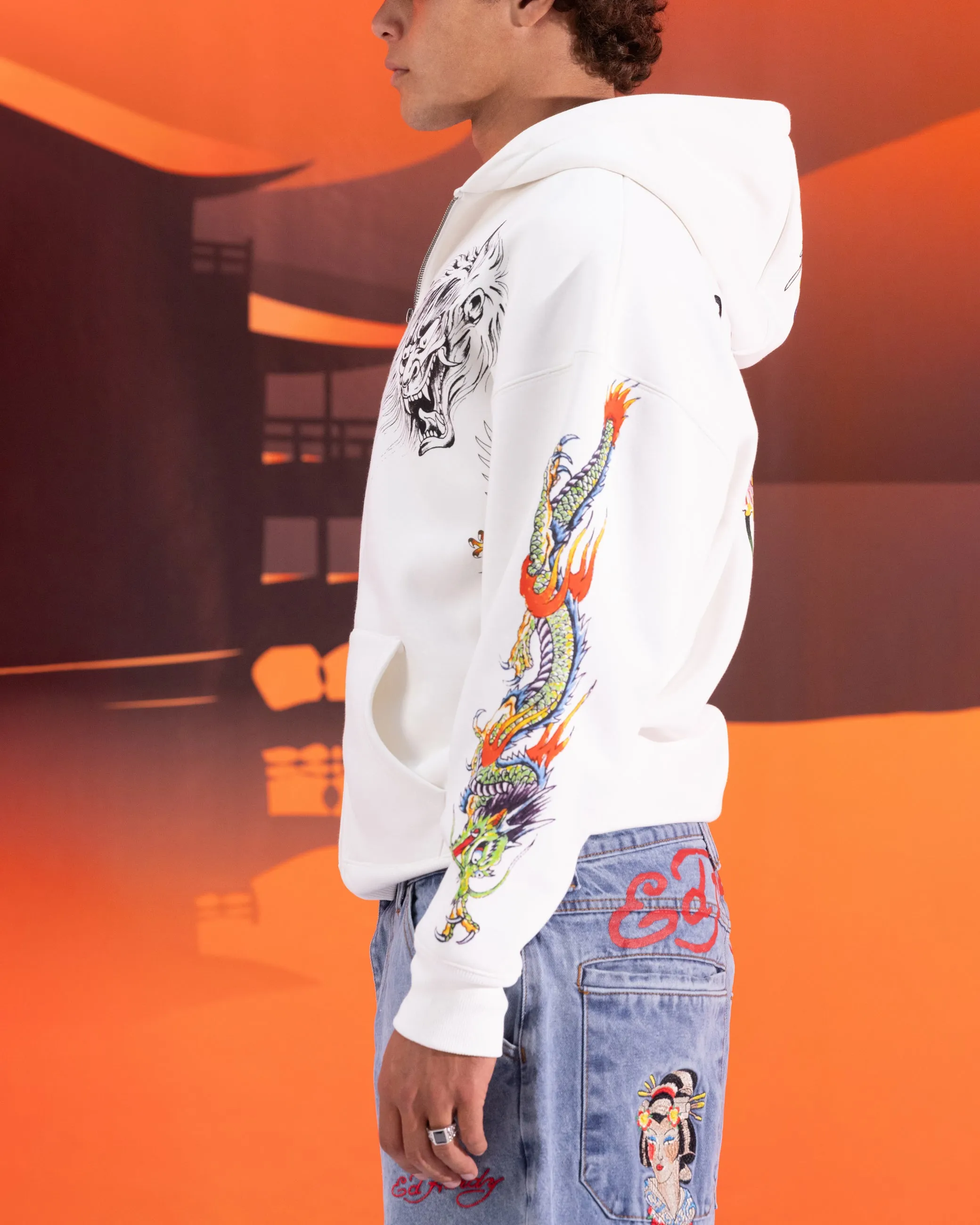 Ed Hardy Blumen-Reißverschluss-Hoodie Off White