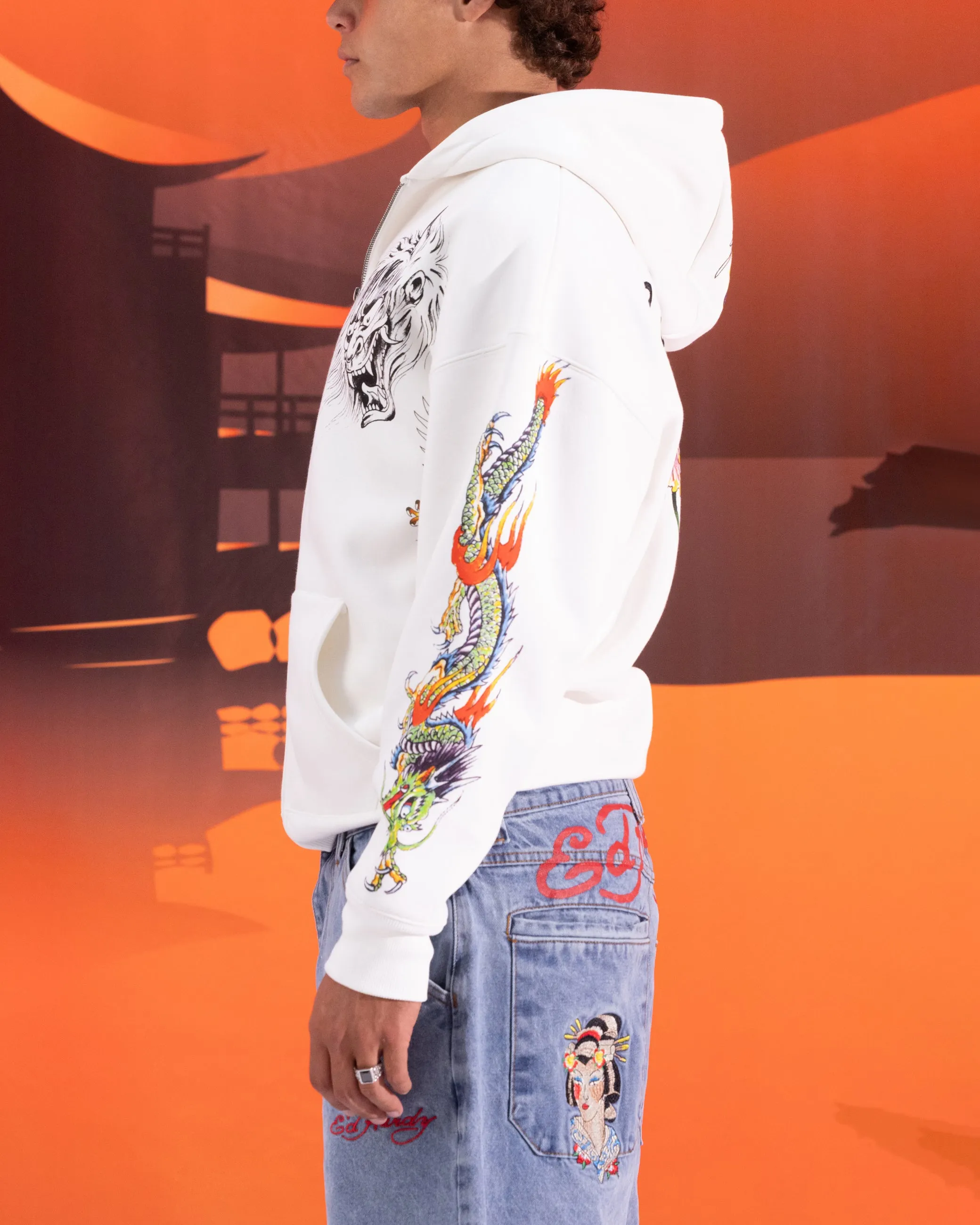 Ed Hardy Blumen-Reißverschluss-Hoodie Off White