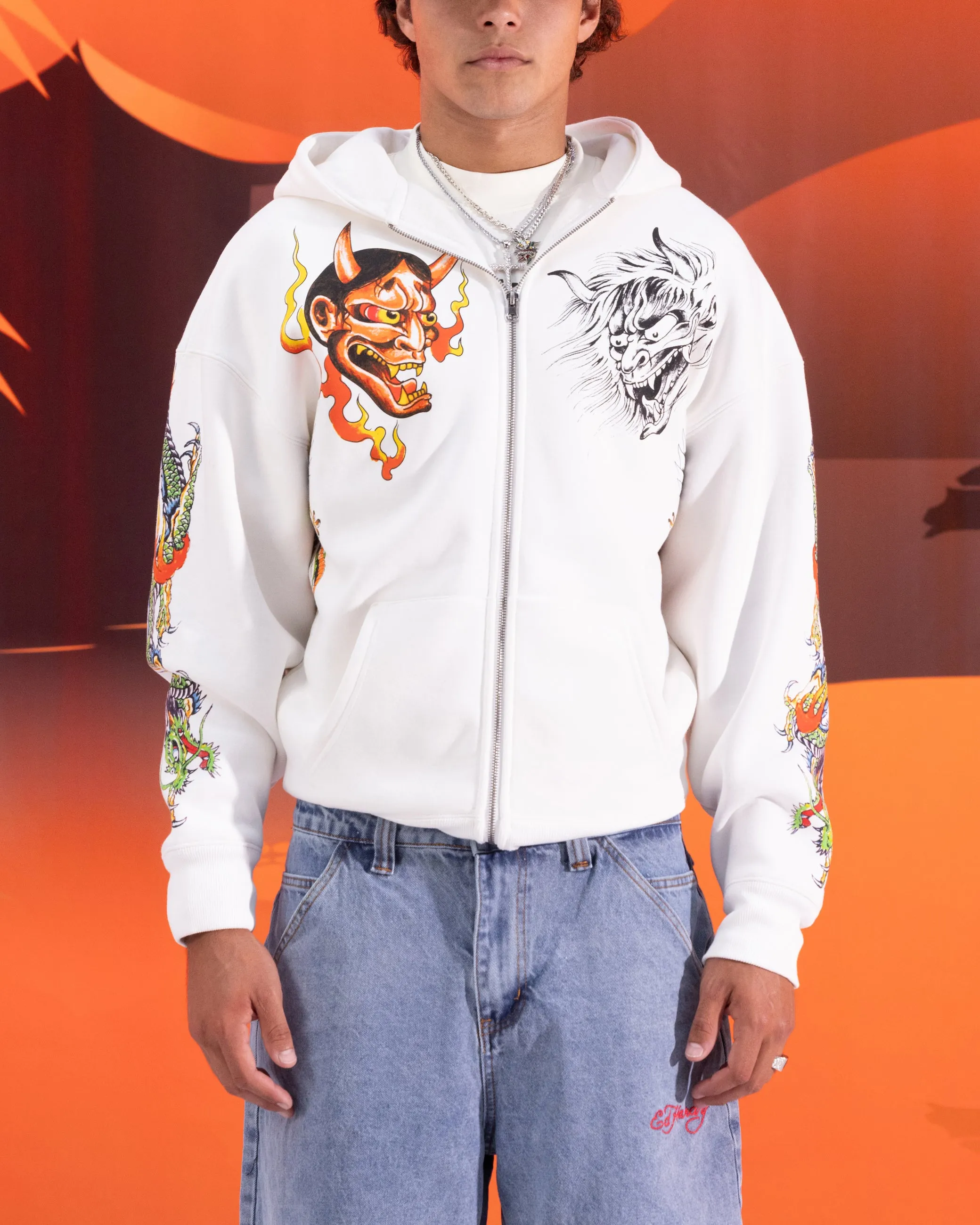 Ed Hardy Blumen-Reißverschluss-Hoodie Off White