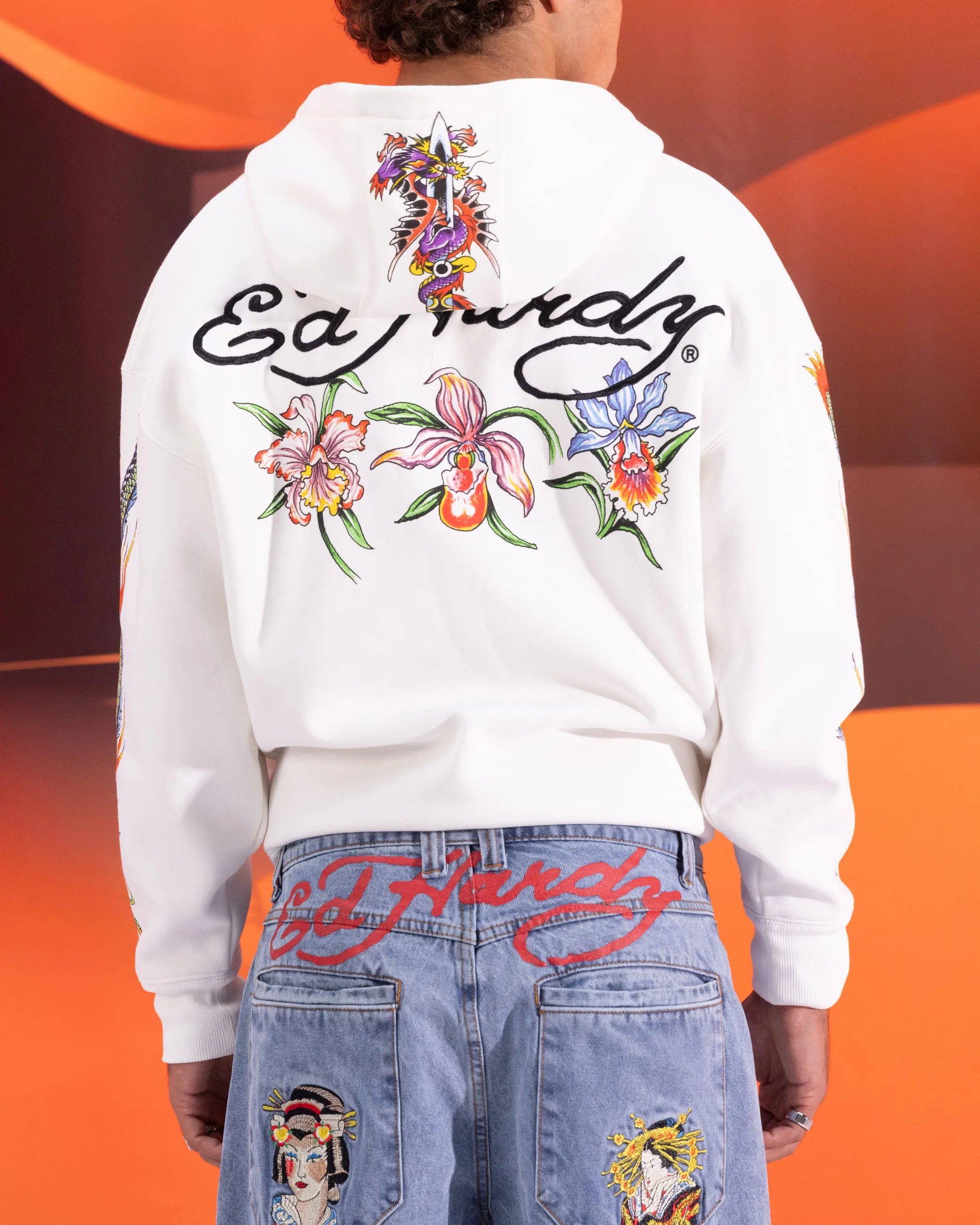 Ed Hardy Blumen-Reißverschluss-Hoodie Off White