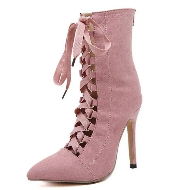 Eilyken Punk Frauen Knöchelstiefel Frühling Gladiatoren Kurzstiefel Riemchen Schnürspitze Stiletto Stiefel Sandalen Pumps 12CM Fashion Nova Schuhe