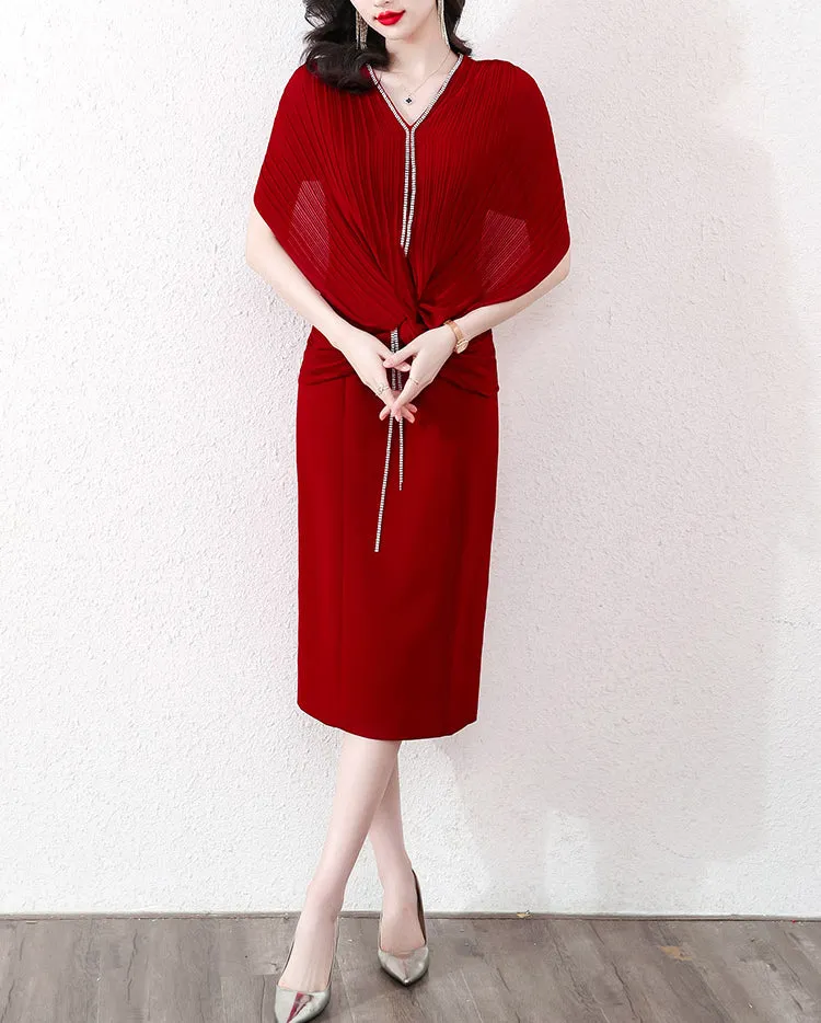Elegantes Damen-Schlankes Falten-Kleid mit V-Ausschnitt
