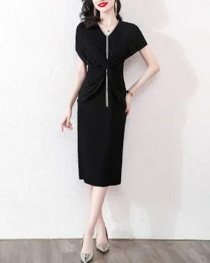 Elegantes Damen-Schlankes Falten-Kleid mit V-Ausschnitt