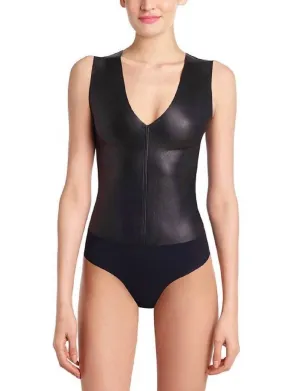 Kunstleder-Body mit Deep-V-Ausschnitt in Schwarz