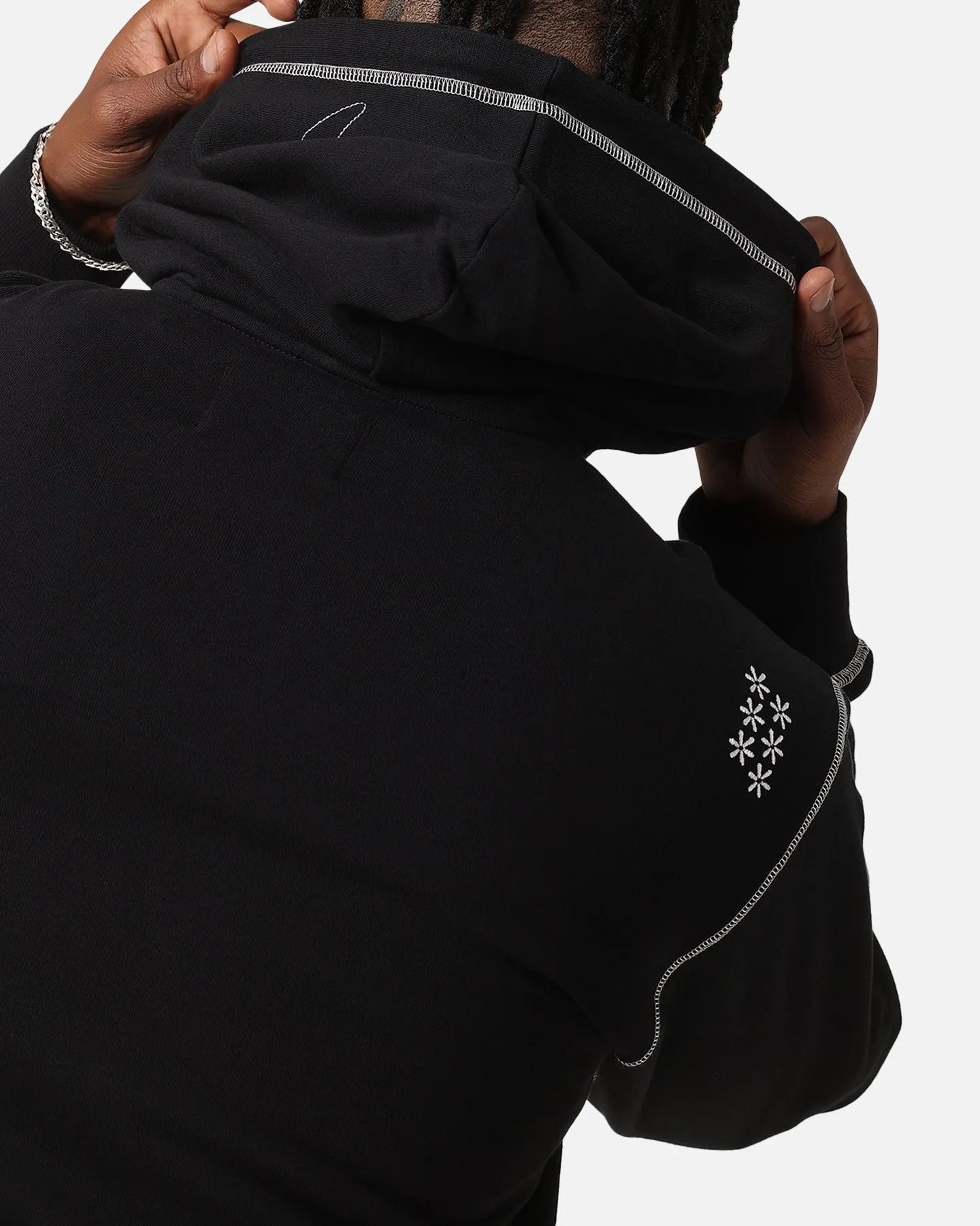 Felt Kontrast Gestickte Vollreissverschluss Kapuzenpullover Schwarz