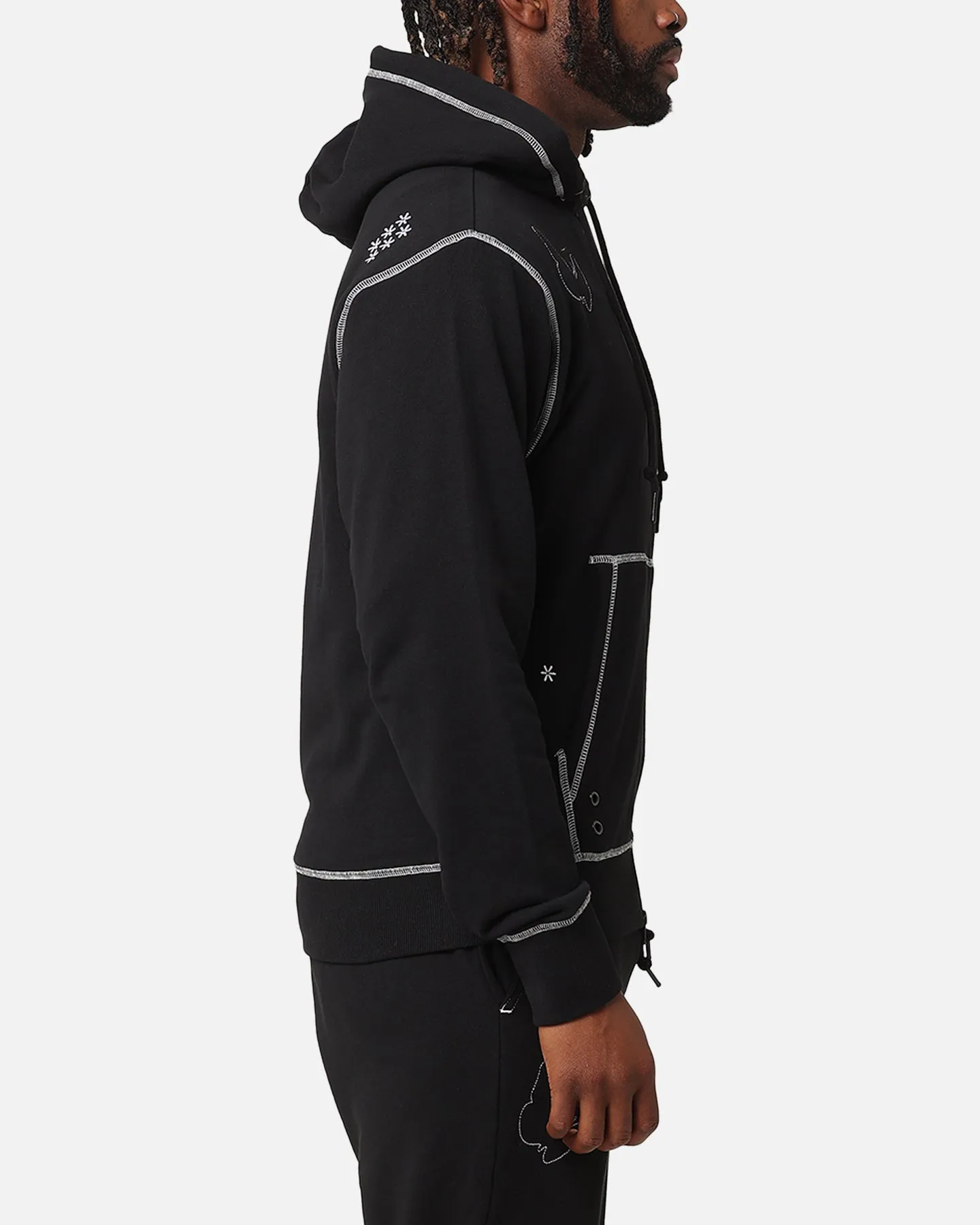 Felt Kontrast Gestickte Vollreissverschluss Kapuzenpullover Schwarz