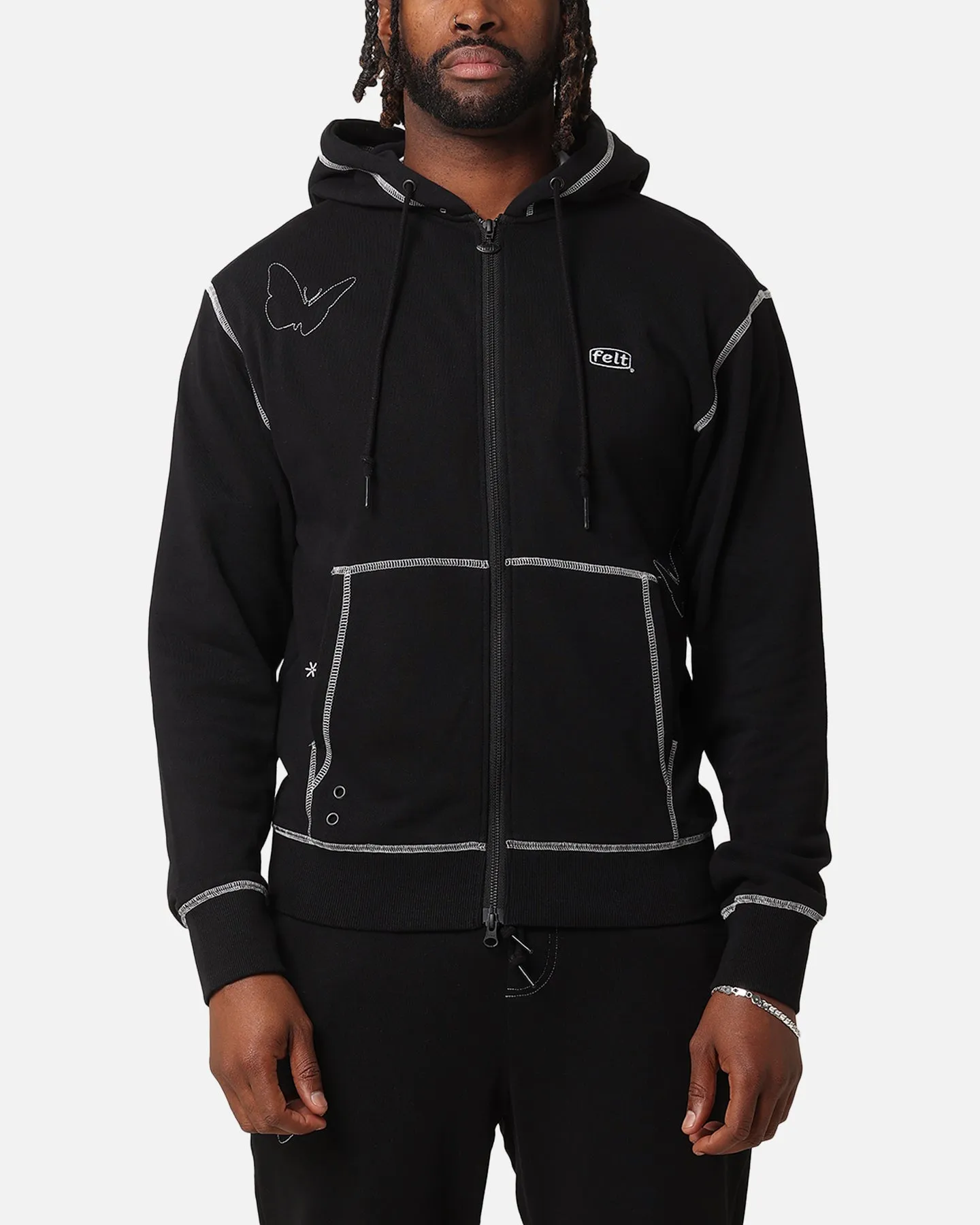 Felt Kontrast Gestickte Vollreissverschluss Kapuzenpullover Schwarz