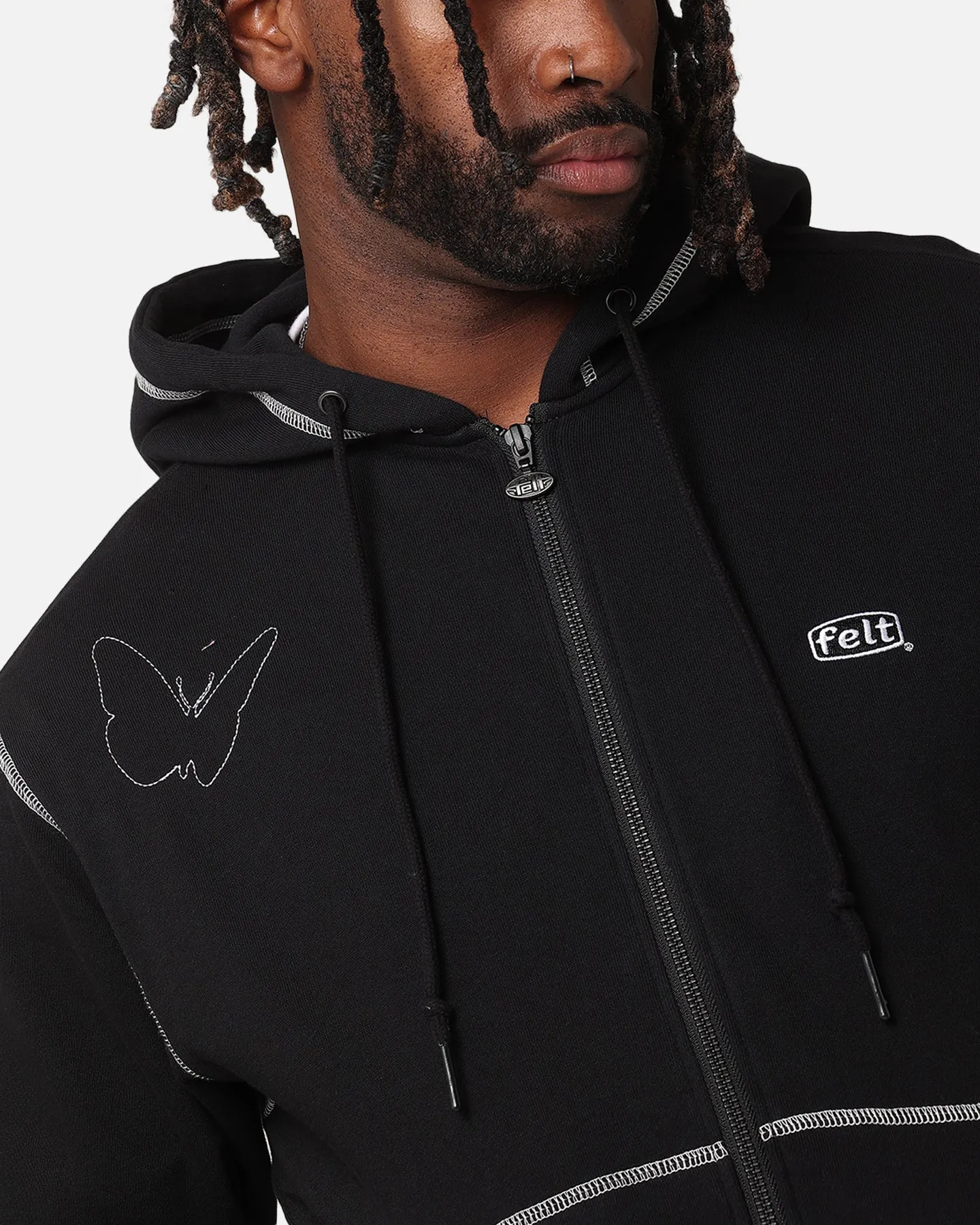 Felt Kontrast Gestickte Vollreissverschluss Kapuzenpullover Schwarz