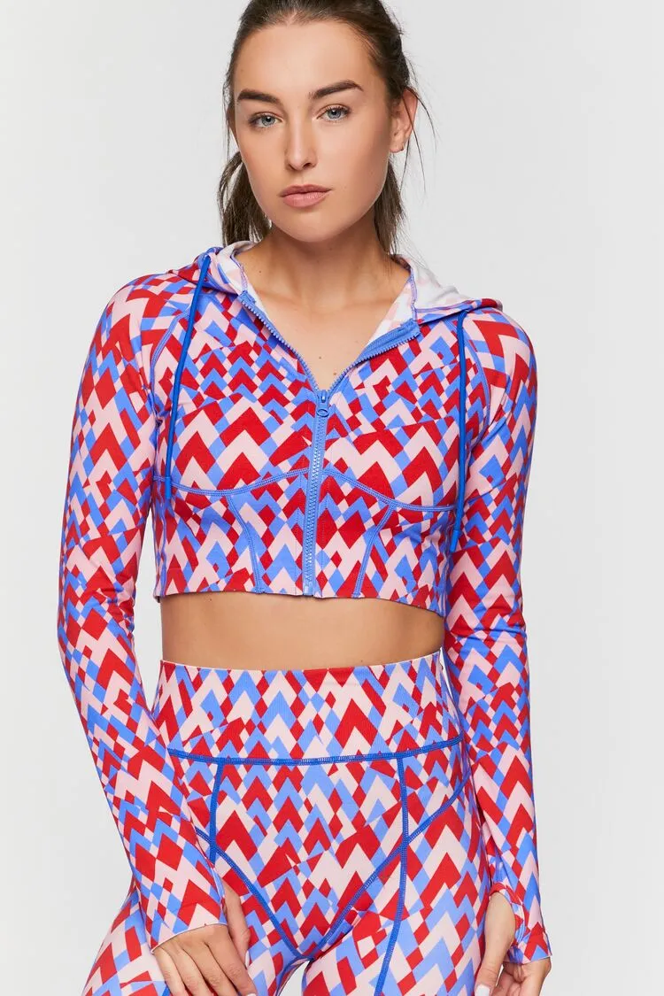 Forever 21 Damen Active Nahtloses Geo Print Reißverschluss-Jacke High Risk Rot/Blau Forever 21
