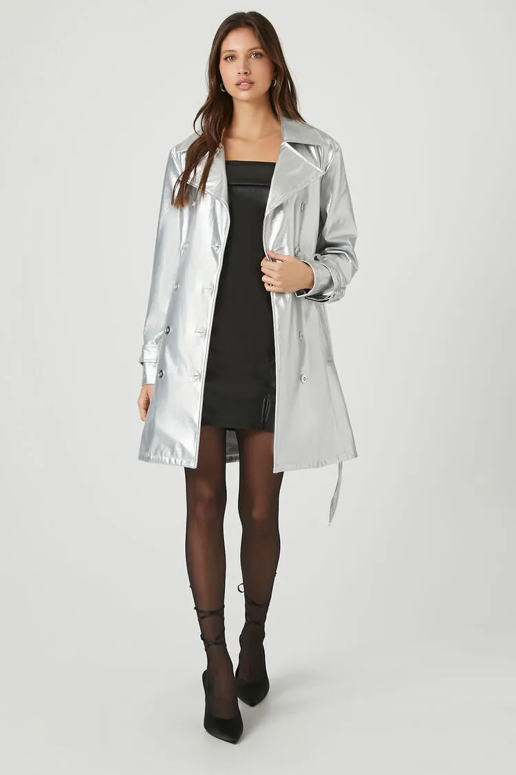 Forever 21 Damen Gürtel-Metallic-Trenchcoat Silber Forever 21