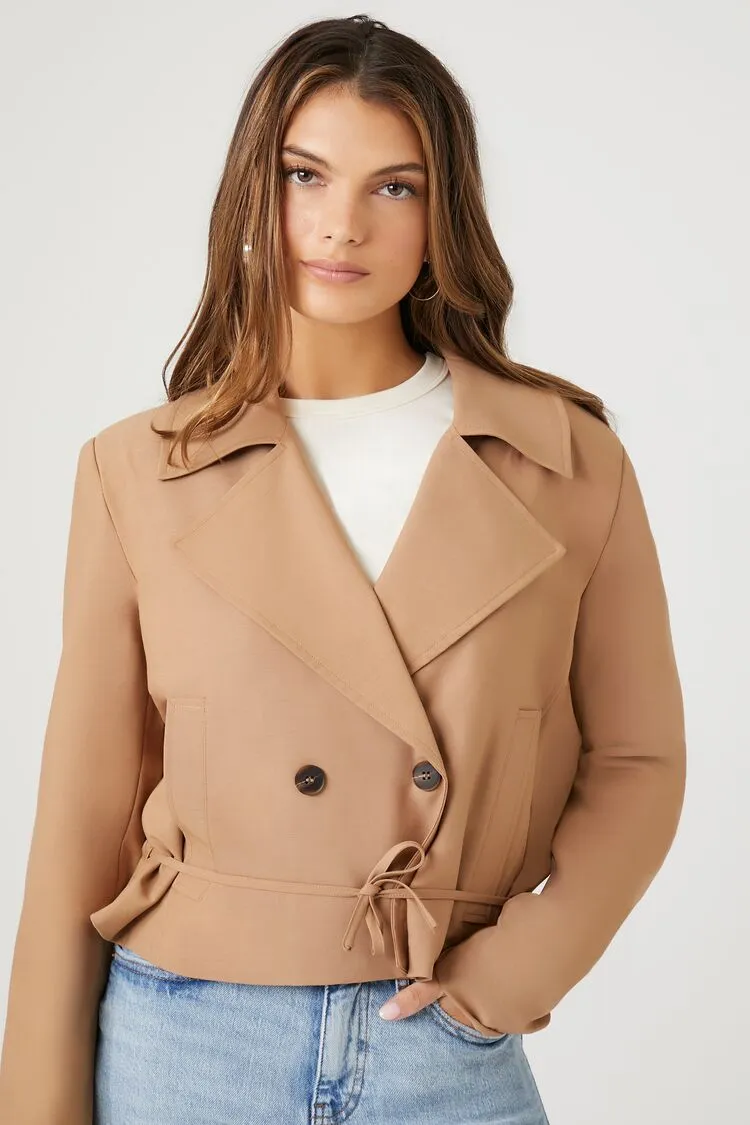 Forever 21 Damen Cropped Doppelreihige Jacke Hellbraun Forever 21
