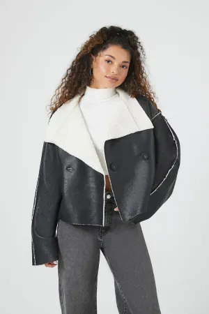 Forever 21 Damen Kunstleder-PVC Doppelreihige Jacke Schwarz/Weiß Forever 21