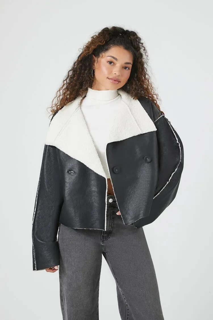 Forever 21 Damen Kunstleder-PVC Doppelreihige Jacke Schwarz/Weiß Forever 21