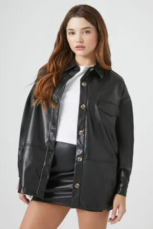 Forever 21 Damen Kunstleder Shacket mit Drop-Schultern Schwarz Forever 21