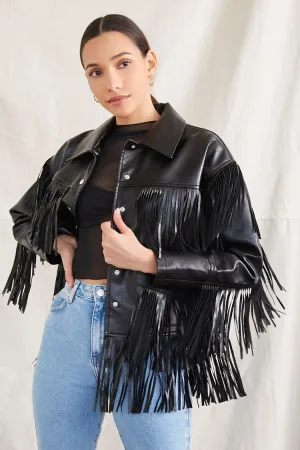 Forever 21 Damen Kunstleder-Pleather Fransen Moto Jacke Schwarz Forever 21
