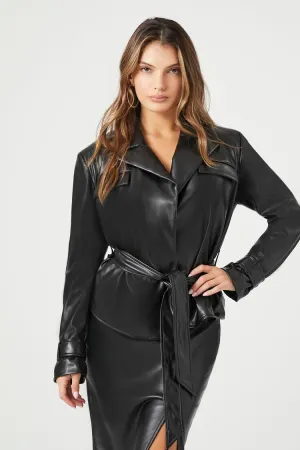Forever 21 Damen Kunstleder-Trenchcoat mit Bindegürtel Schwarz Forever 21