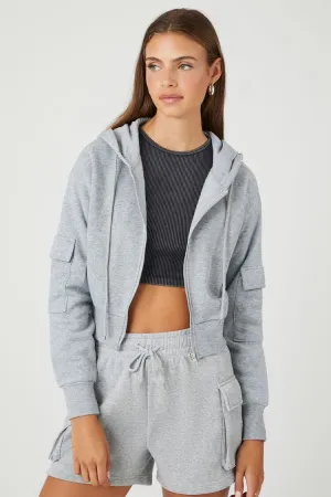 Forever 21 Damen Fleece Kapuzenpullover mit Klappentaschen Reißverschluss Hoodie Sweatshirt Heather Grau Forever 21