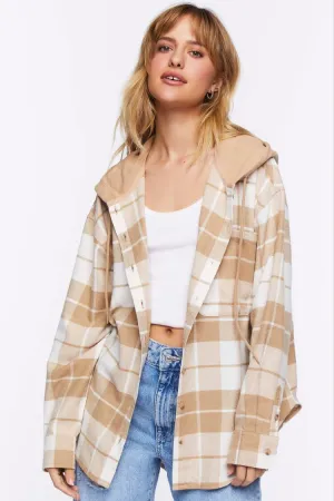 Forever 21 Damen Kapuzen-Flanell-Kombi-Hemd Vanille/Khaki Forever 21