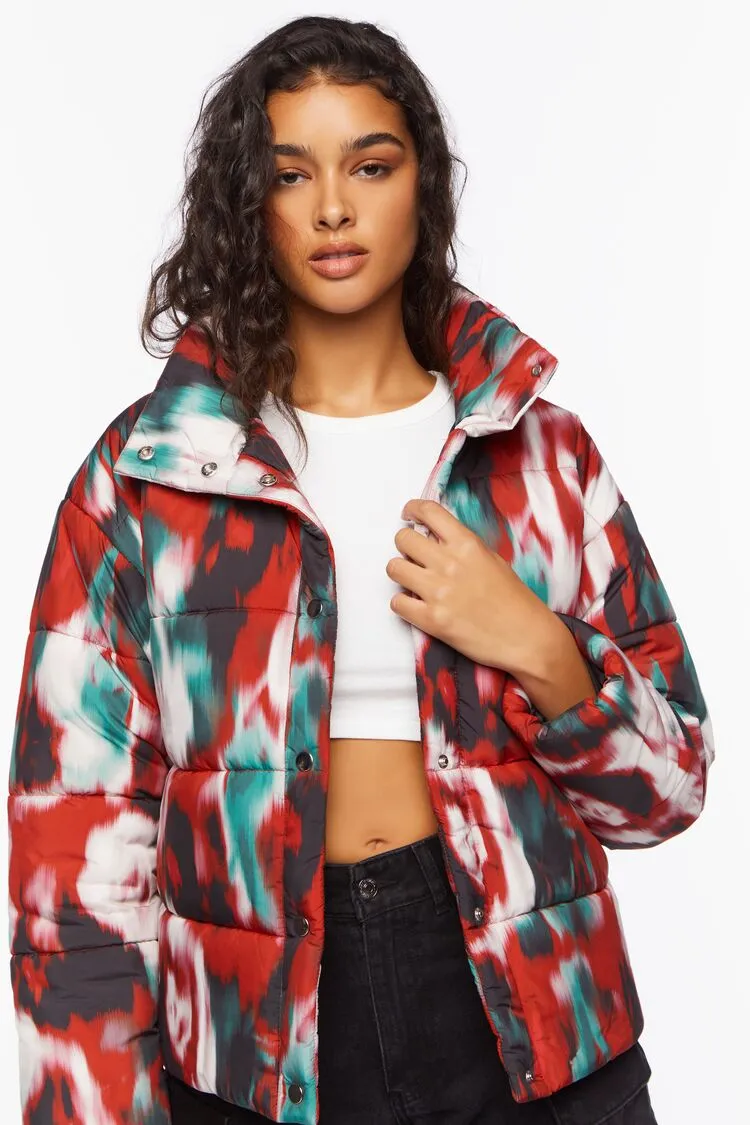 Forever 21 Damen Watercolor-Druck Puffer Bubble Jacke Rot/Mehrfarbig Forever 21