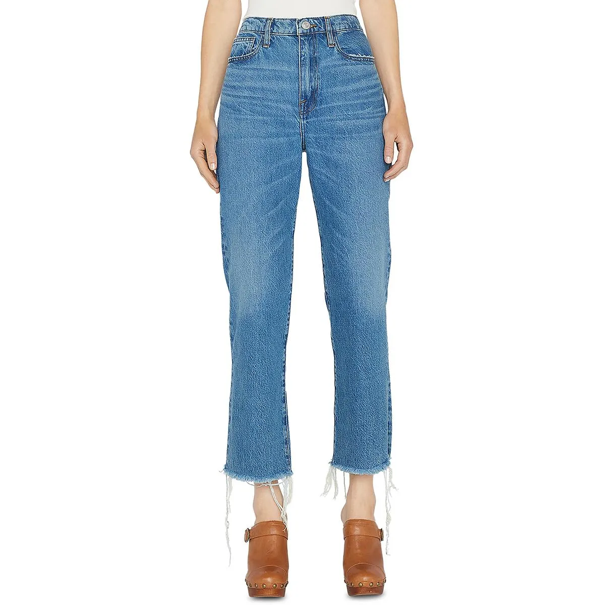 FRAME Damen Weit geschnittene Jeans mit ausgefranstem Saum und Cropped-Länge