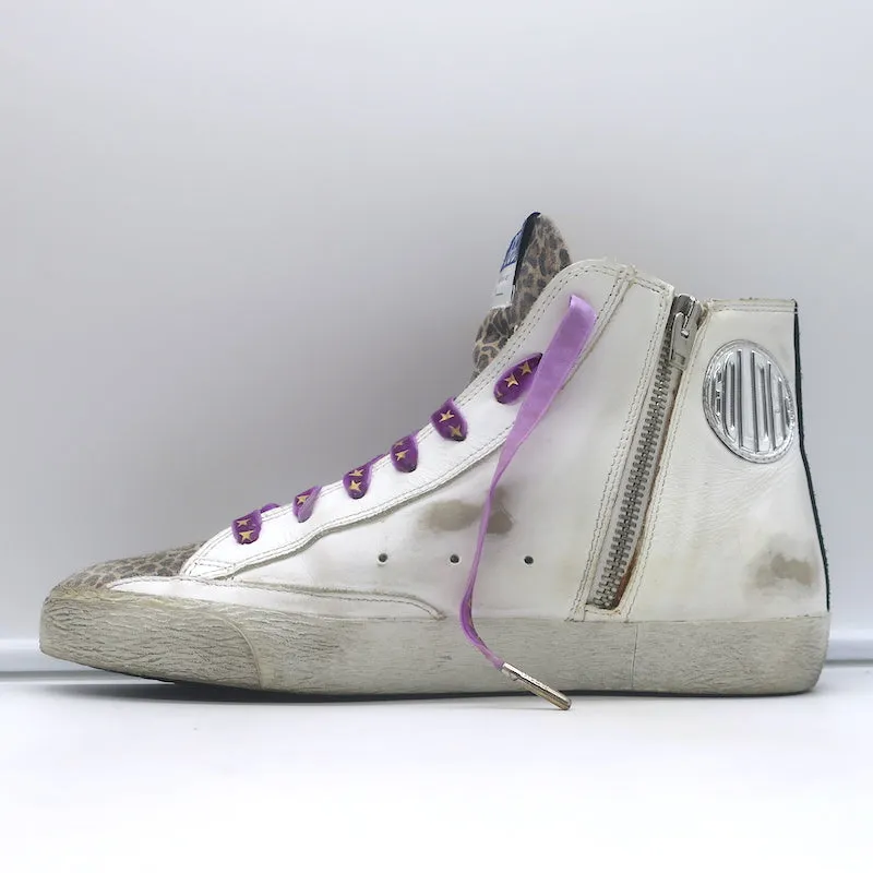 Golden Goose Francy High Top Sneaker Weißes Leder & Leopardenprint Wildleder Größe 38