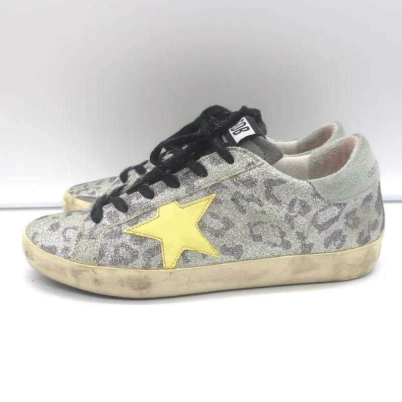 Golden Goose Superstar Glitzer Leopard Sneakers Silber mit Gelbem Stern Größe 36
