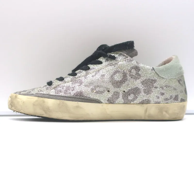 Golden Goose Superstar Glitzer Leopard Sneakers Silber mit Gelbem Stern Größe 36
