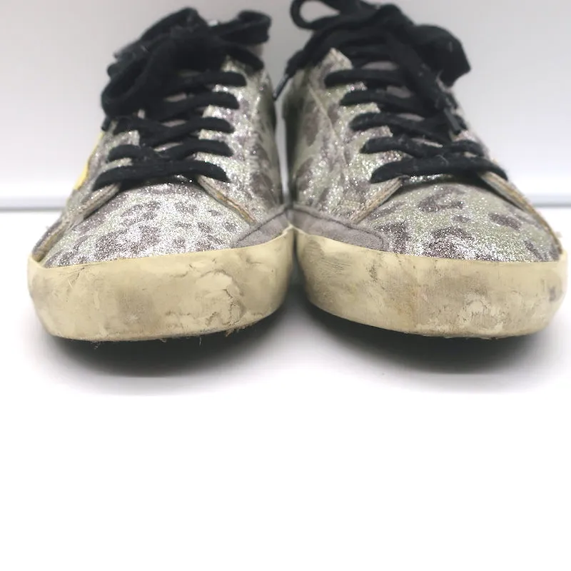 Golden Goose Superstar Glitzer Leopard Sneakers Silber mit Gelbem Stern Größe 36