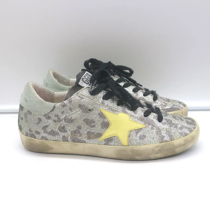 Golden Goose Superstar Glitzer Leopard Sneakers Silber mit Gelbem Stern Größe 36