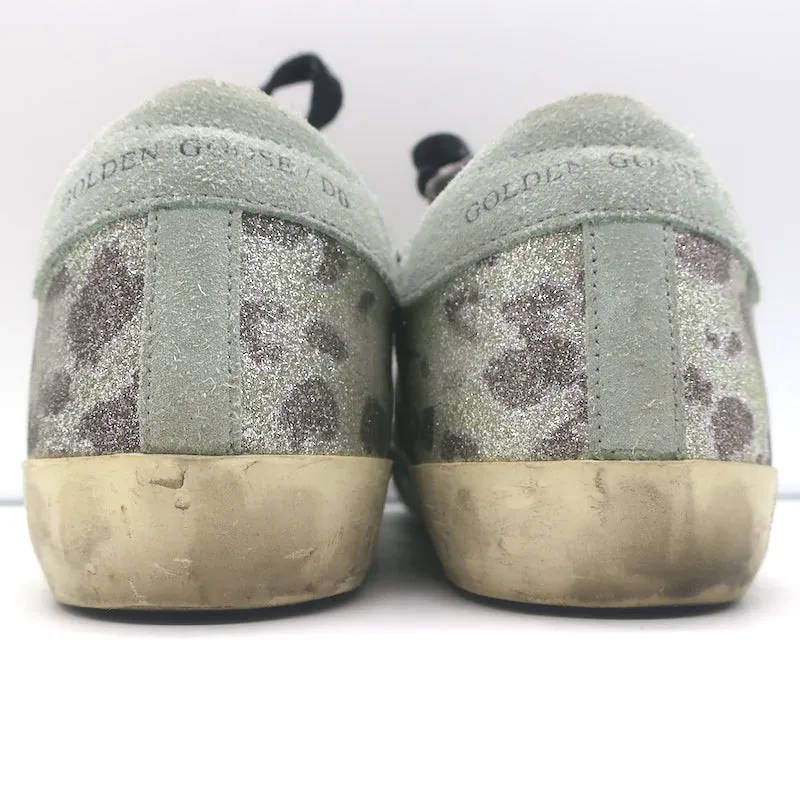 Golden Goose Superstar Glitzer Leopard Sneakers Silber mit Gelbem Stern Größe 36