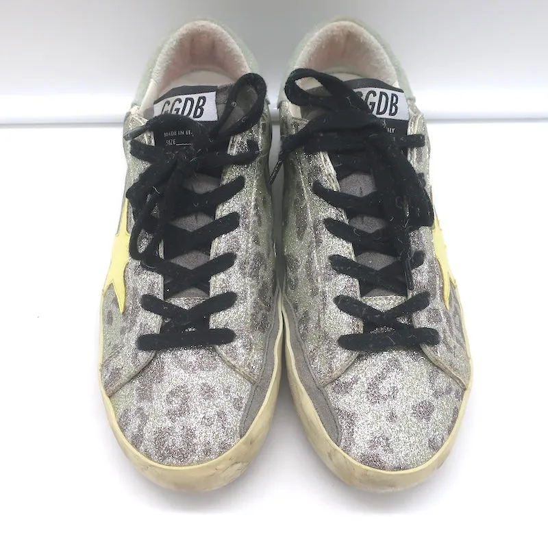 Golden Goose Superstar Glitzer Leopard Sneakers Silber mit Gelbem Stern Größe 36