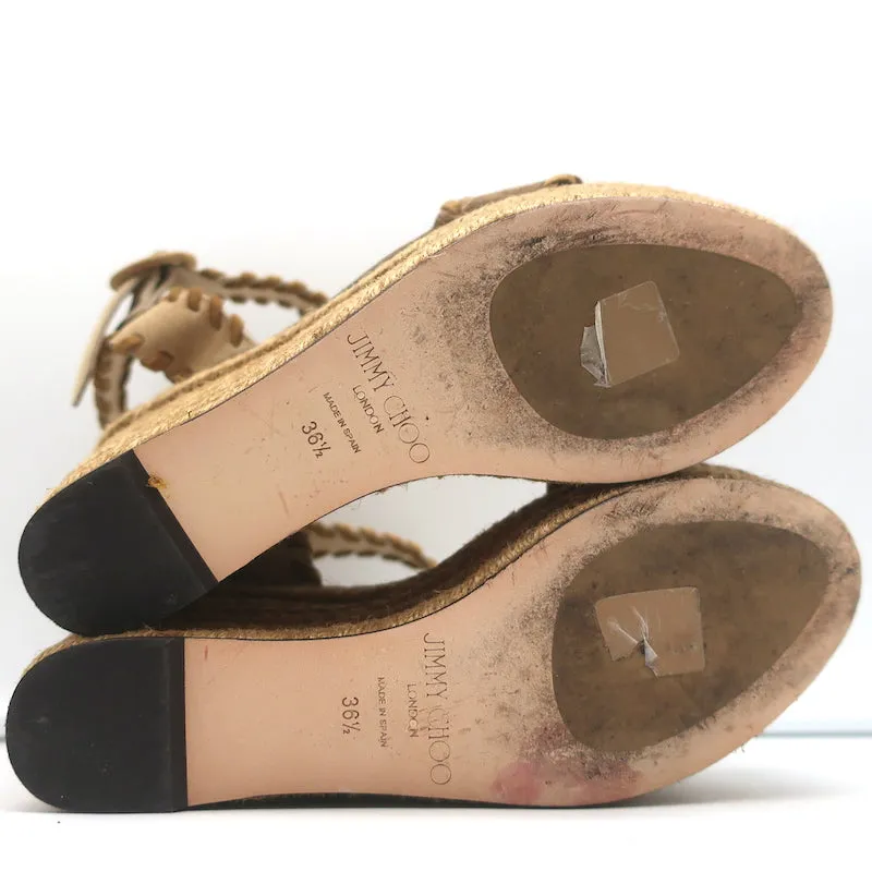 Jimmy Choo Plateau-Espadrilles Keilabsätze Abigail Braun Genähtes Wildleder Größe 36.5