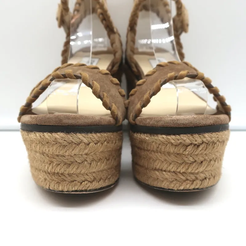 Jimmy Choo Plateau-Espadrilles Keilabsätze Abigail Braun Genähtes Wildleder Größe 36.5