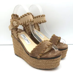 Jimmy Choo Plateau-Espadrilles Keilabsätze Abigail Braun Genähtes Wildleder Größe 36.5