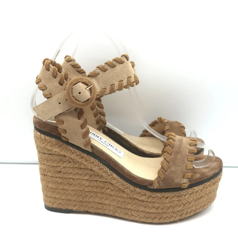 Jimmy Choo Plateau-Espadrilles Keilabsätze Abigail Braun Genähtes Wildleder Größe 36.5