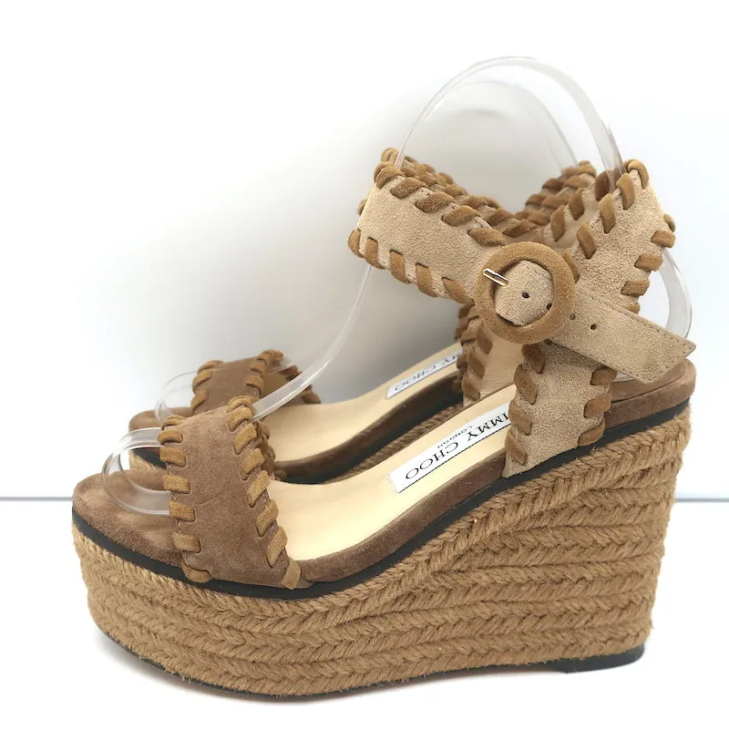 Jimmy Choo Plateau-Espadrilles Keilabsätze Abigail Braun Genähtes Wildleder Größe 36.5