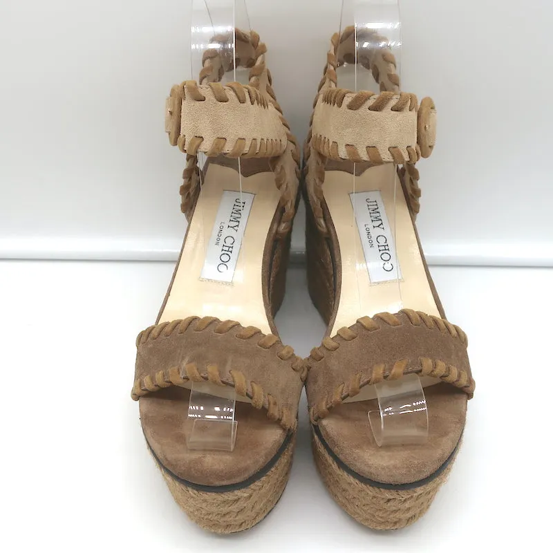 Jimmy Choo Plateau-Espadrilles Keilabsätze Abigail Braun Genähtes Wildleder Größe 36.5