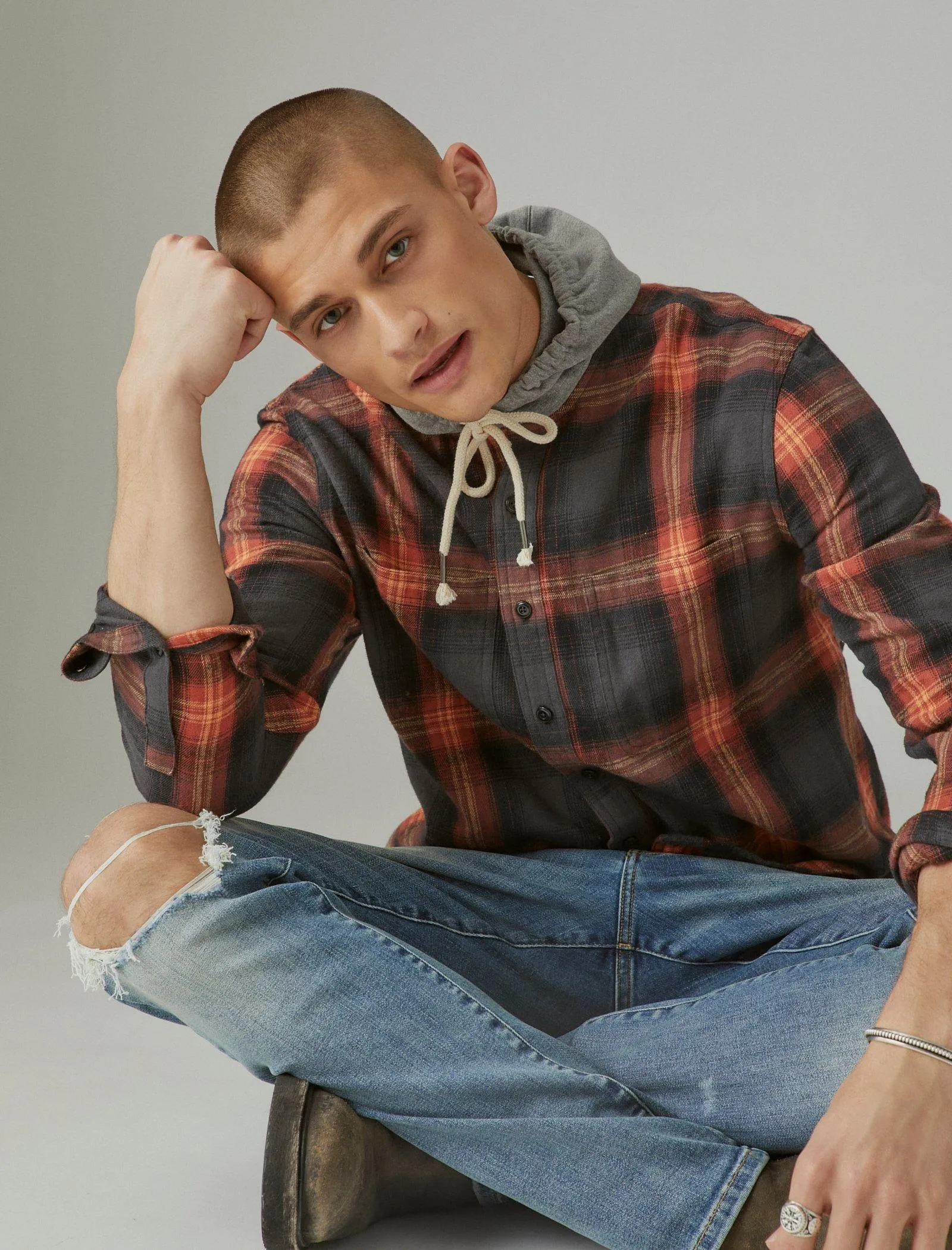 Lucky Brand Kapuzen-Langarm-Überhemd Grau Multi Lucky Brand