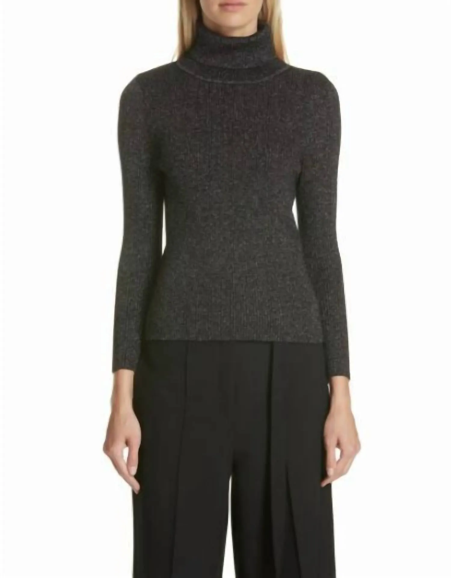 Lurex Rippstrick-Rollkragenpullover in Schwarz