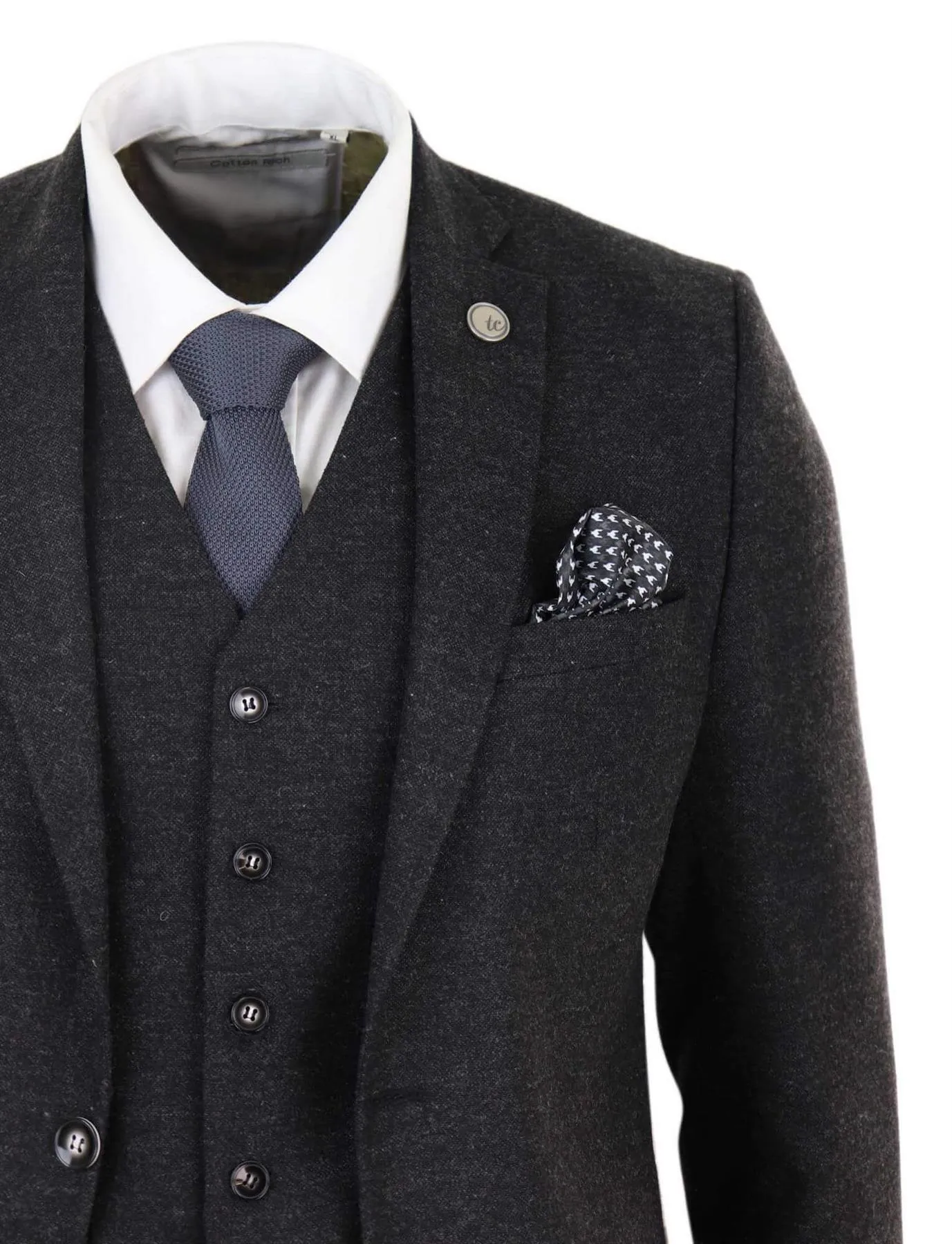 Herren 3-teiliger schwarzer Woll-Tweed Vintage Retro Anzug