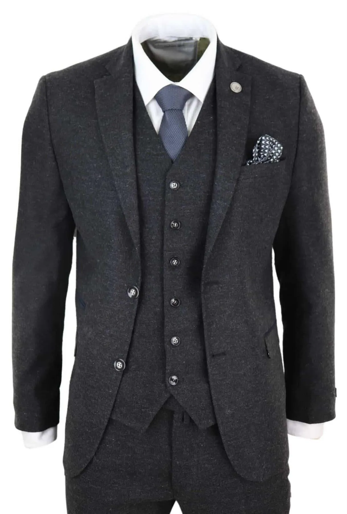 Herren 3-teiliger schwarzer Woll-Tweed Vintage Retro Anzug