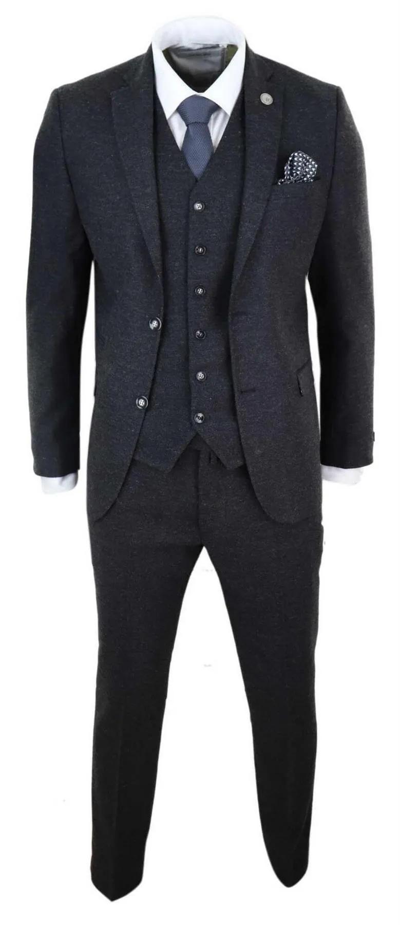 Herren 3-teiliger schwarzer Woll-Tweed Vintage Retro Anzug