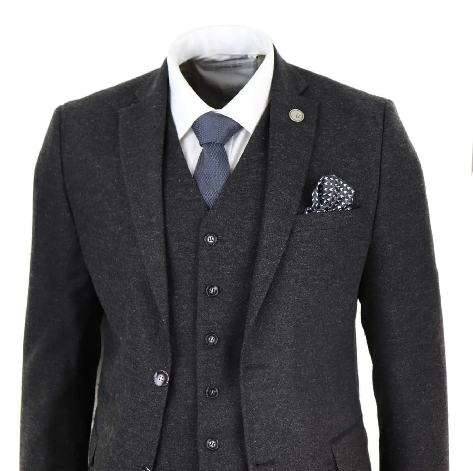 Herren 3-teiliger schwarzer Woll-Tweed Vintage Retro Anzug