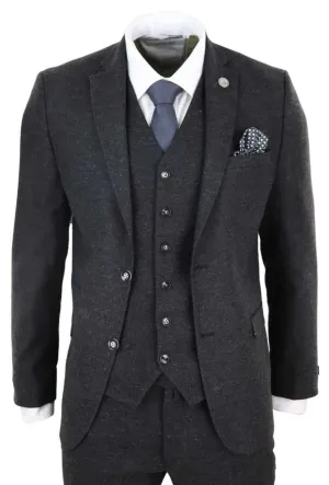 Herren 3-teiliger schwarzer Woll-Tweed Vintage Retro Anzug