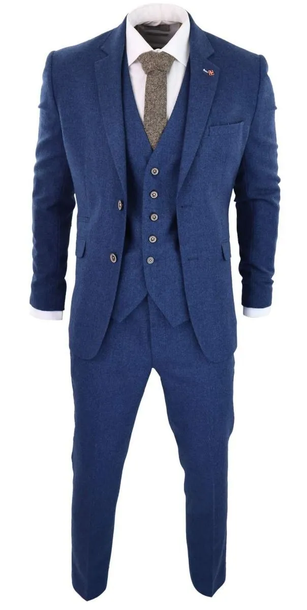Herren 3-teiliger blauer Tweed-Woll-Köper Vintage-Klassiker Anzug